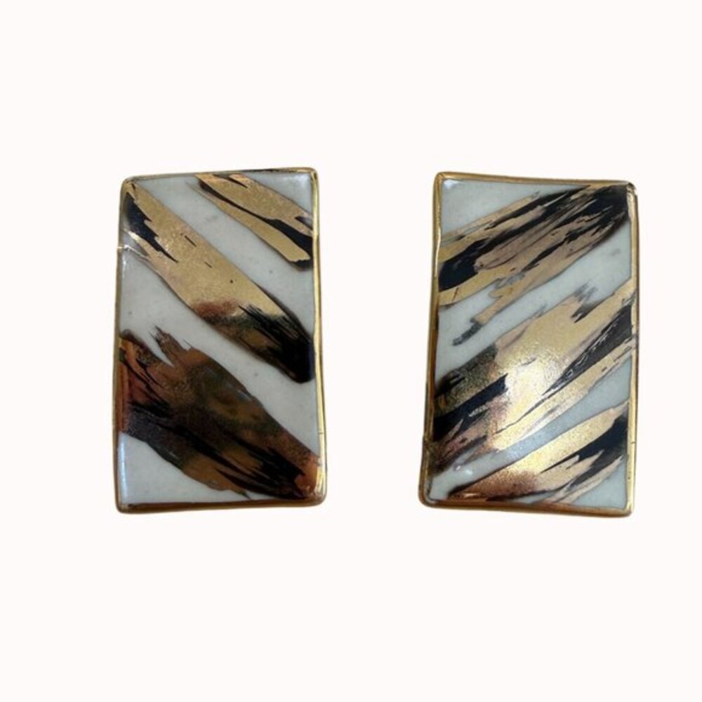 Vintage Porcelain Designs Of Naples Hand-Painted Gold & Black Rectangle Earrings